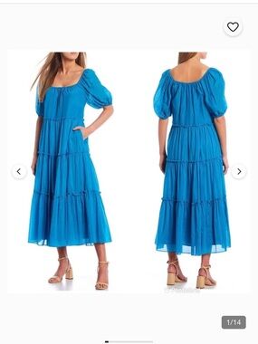 Antonio Melani Women’s Blue Puff-Sleeve Tiered Maxi Dress in turquoise NWT